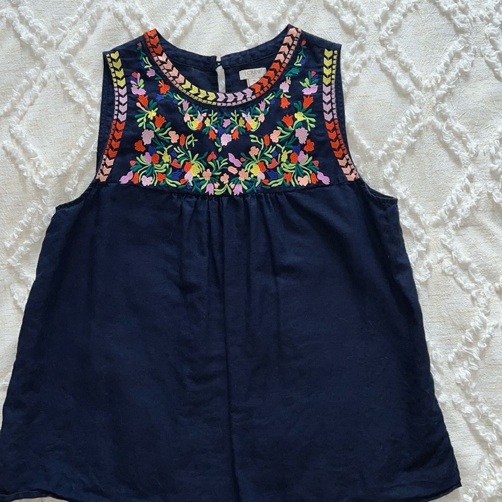 J. Crew sleeveless embroidered Navy top size 10